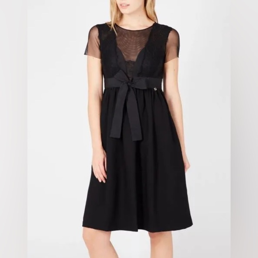NWT Twinset Black Mesh Lace A Line Babydoll Bow Knee Length Dress Sz 40